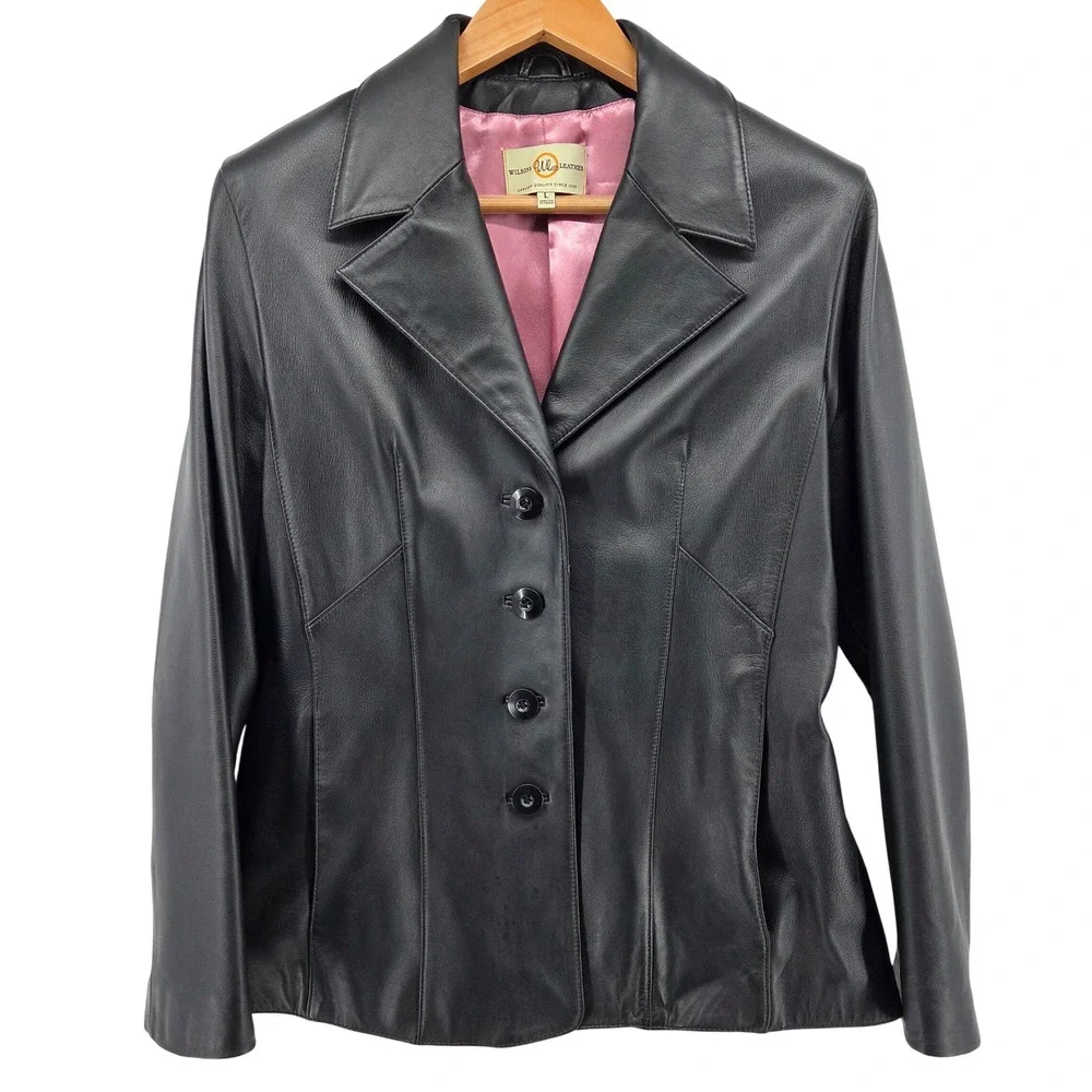 Wilsons Leather Black Leather Blazer Jacket Button Up Women's Size L Pink Lining